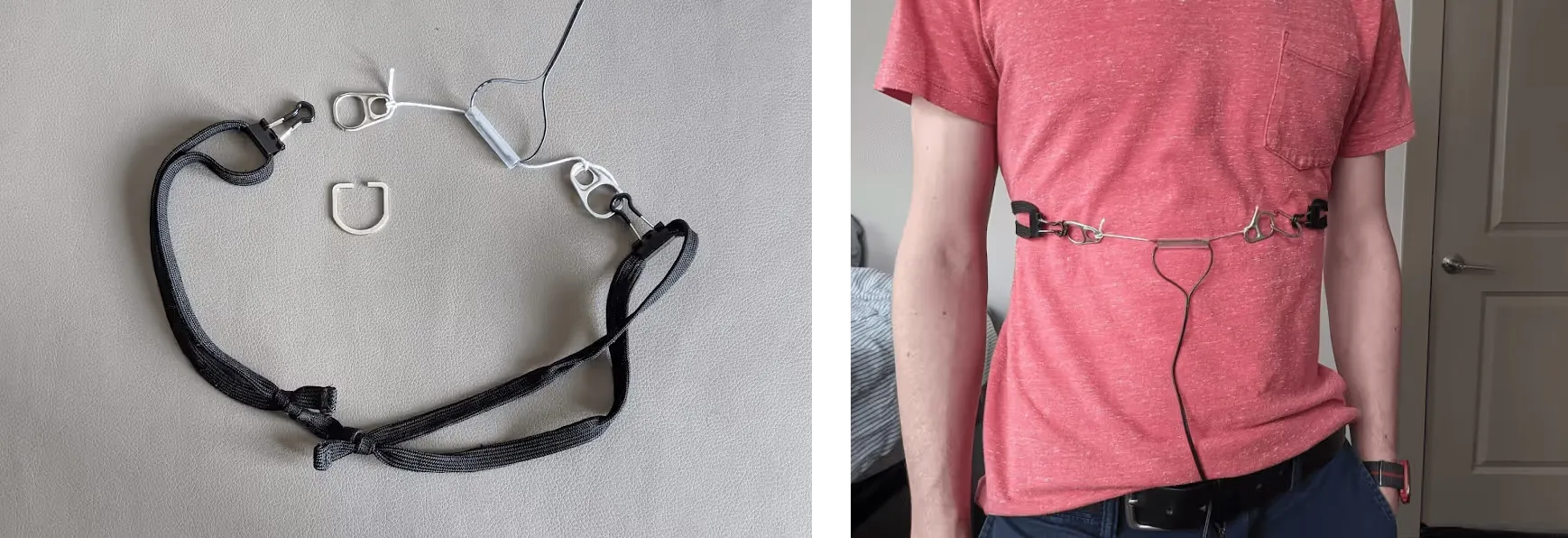 Left: a black waistband with various metal homemade fasteners on it. Right: Matt wearing the DIY chest mount