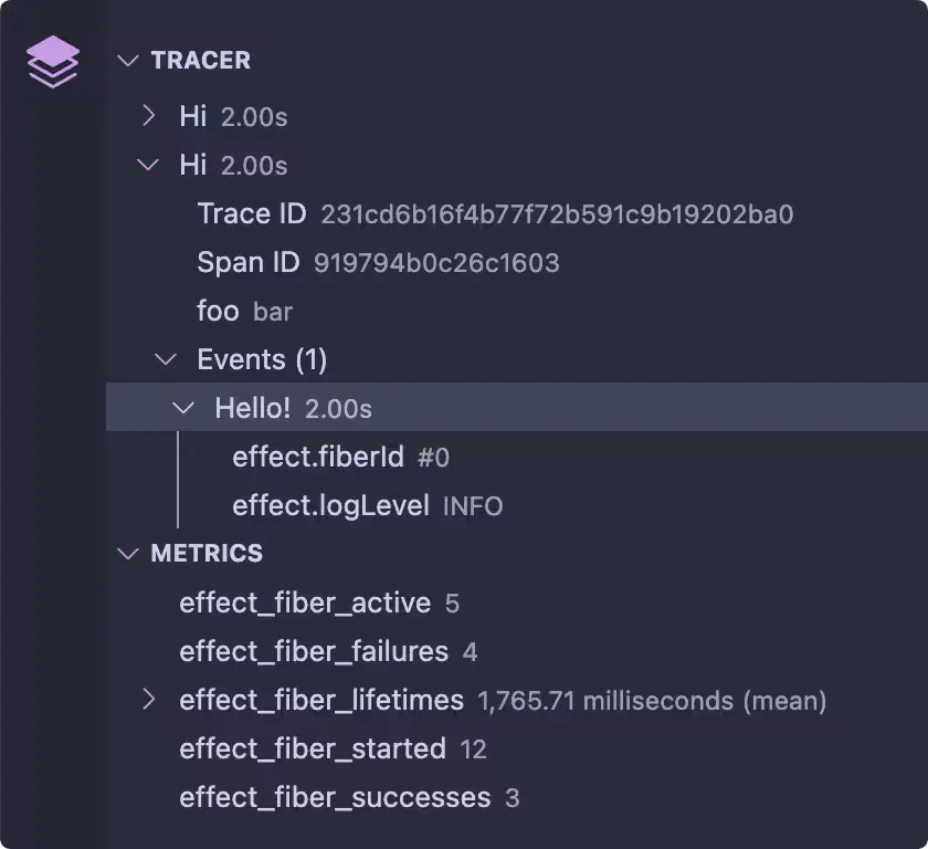 VSCode with the Effect extension sidebar opened, showing a clunkier dropdown representation of trace reporting