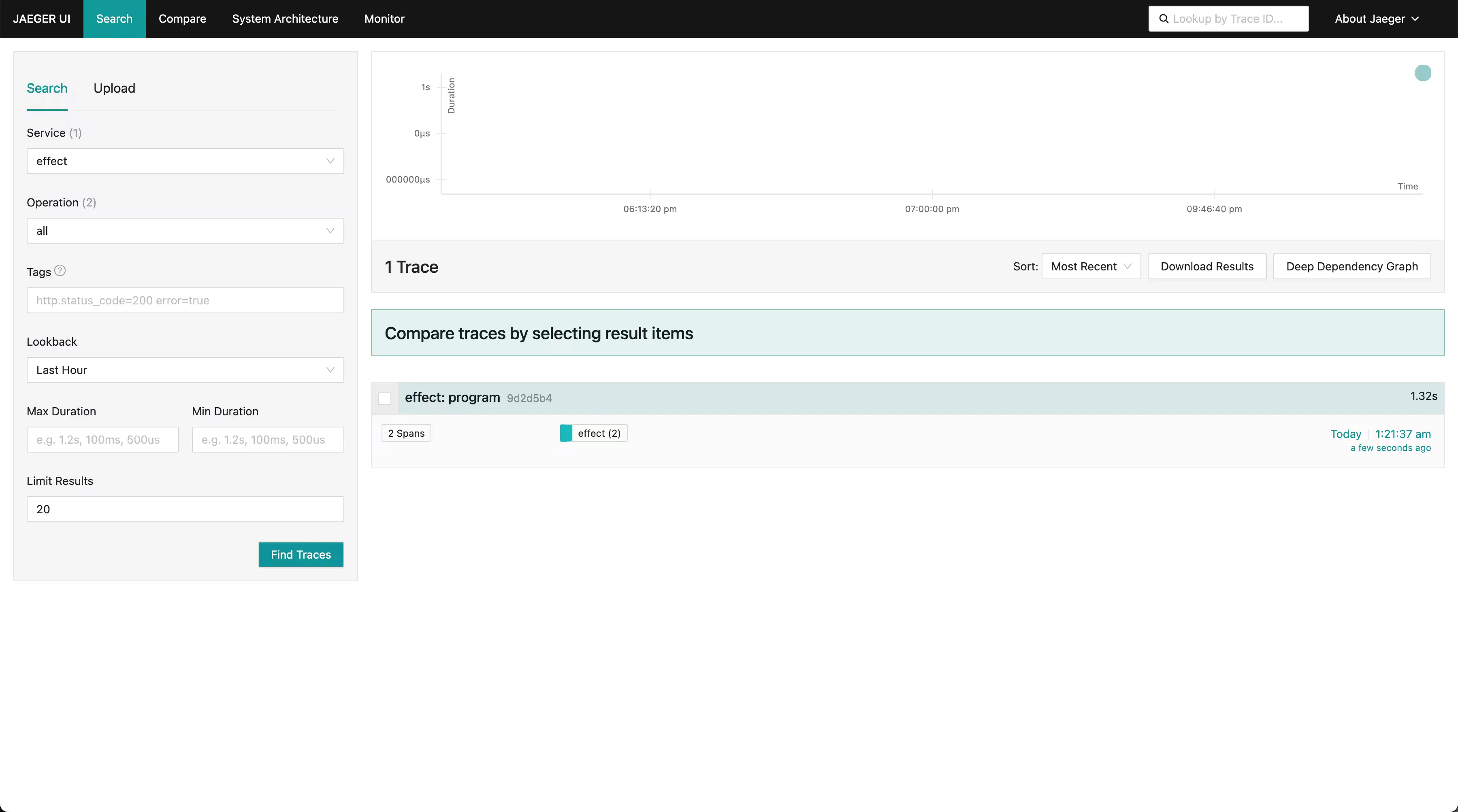 Jaeger UI showing a single trace query result