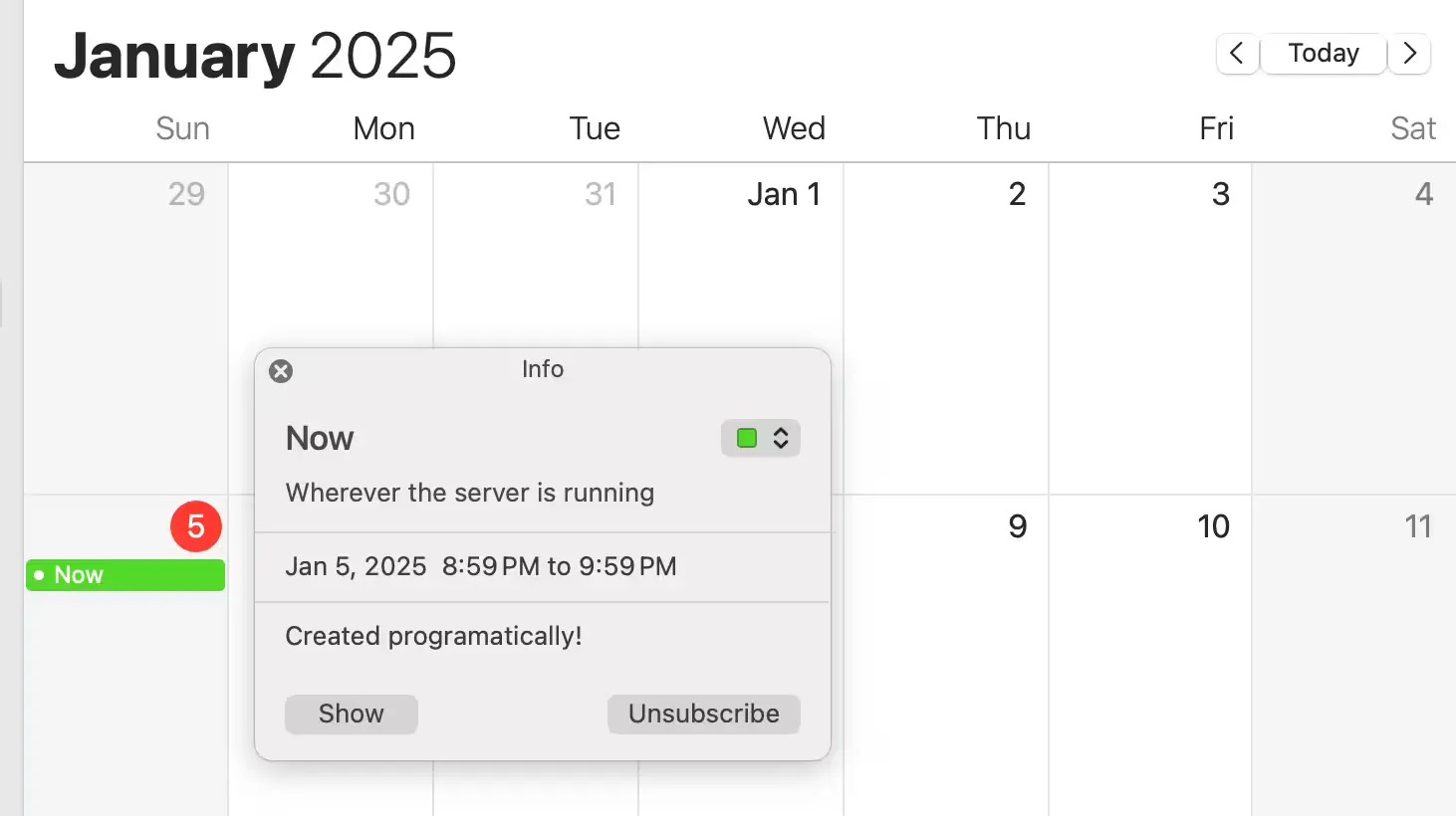 MacOS Calendar previewing an event "Now"