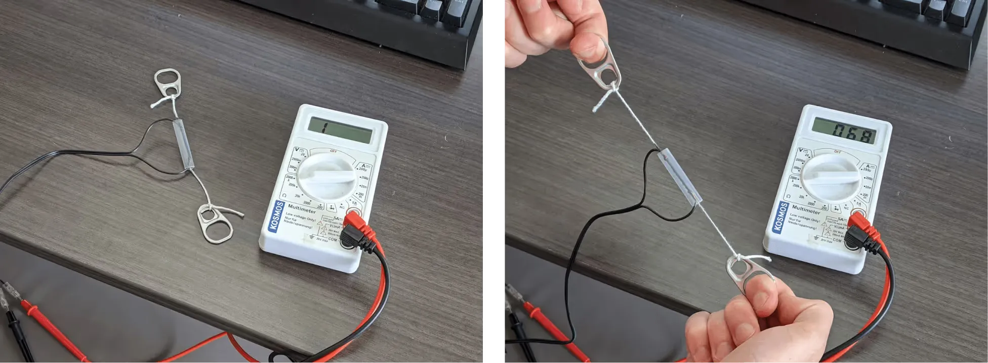 Left: the DIY sensor with a multimeter reading undefined resistance. Right: the same sensor under tension, the multimeter now reads 67 kΩ.