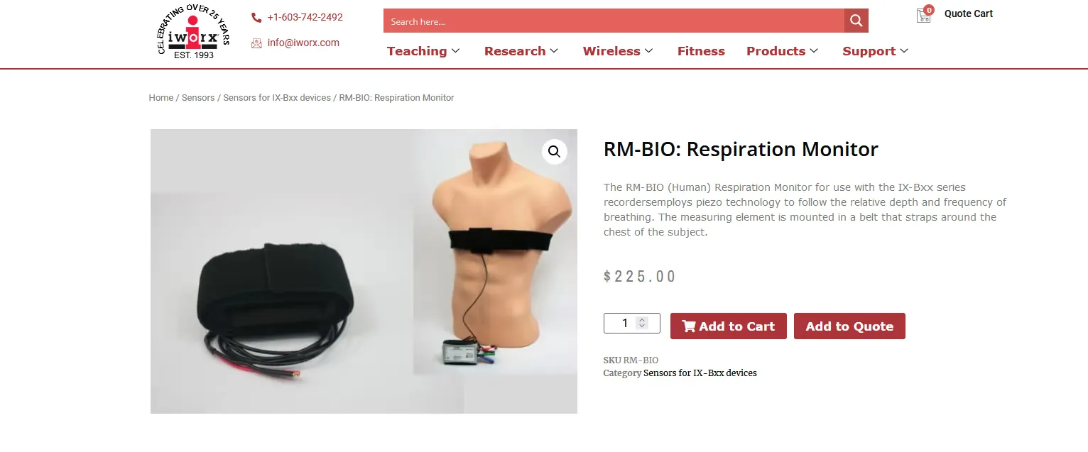 E-commerce page for RM-BIO: Respiration Monitor, costing $225. The display image shows a black strap wrapped around a mannequin chest.