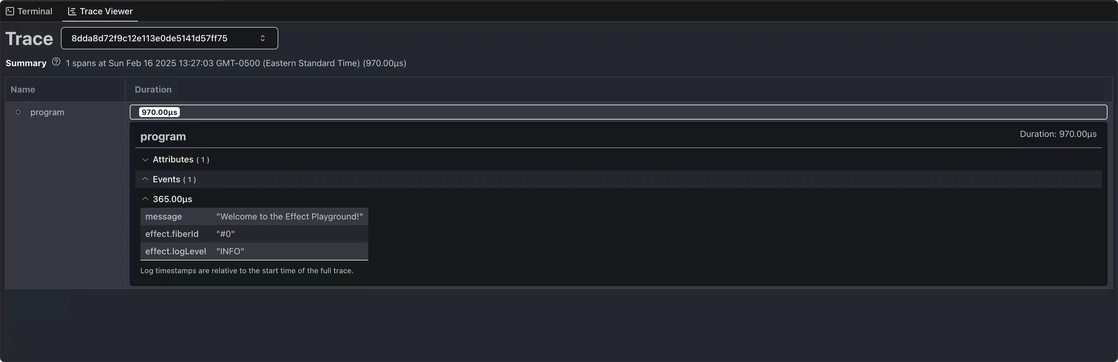 Effect Playground's trace viewer, showing a "program" trace